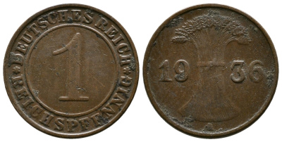 Германия 1 рейхспфенниг 1936 A KM 37, J. 313 бронза 220-151