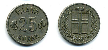 Исландия 25 эйре 1946 KM 11 медно-никель 46-2425