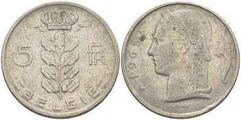 БЕЛЬГИЯ 5 ФРАНКОВ 1965 BELGIE, БОДУЭН I (1951-1993) KM 135.1 медно-никель 119-812