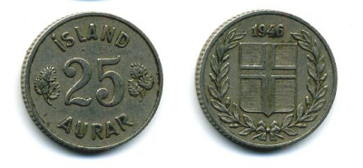 Исландия 25 эйре 1946 KM 11 медно-никель 46-2425