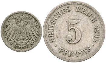 Германия 5 пфеннигов 1908 F KM 11, Jager 12, Weege 6 медно-никель 4608-818