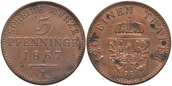 ПРУССИЯ 3 ПФЕННИГА 1867 А, ВИЛЬГЕЛЬМ I (1861-1888) KM 482 медь 117-426
