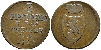 РЕУС-ОБЕРГРАЙЦ 3 ПФЕННИГА 1826 L.M. KM 103 медь 84-233