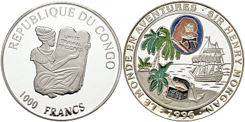 Конго 1000 франков 1996 Генри Морган, цветная эмаль серебро PROOF 11-267-34