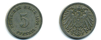 ГЕРМАНИЯ 5 ПФЕННИГОВ 1902 A, KM 11, J. 12 медно-никель 62-2425