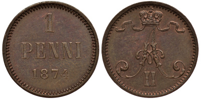 Россия для Финляндии 1 пенни 1874 Александр II (1855-1881) Биткин 673 медь  UNC  1520-515