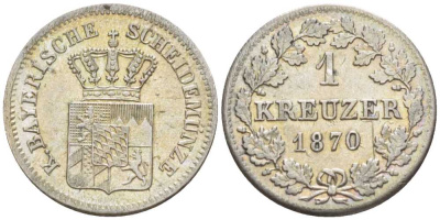 Бавария 1 крейцер 1870 Людвиг II (1864-1886) KM 487 серебро 201-1022