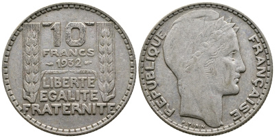 Франция 10 франков 1932 Пьер Тюрен KM 878, Le Franc 360.5 серебро 4683-1042