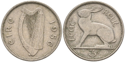Ирландия 3 пенса 1956 заяц KM 12а медно-никель 4596-1065