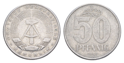 ГДР 50 пфеннигов 1958 A KM 12.1 алюминий 4648-1027
