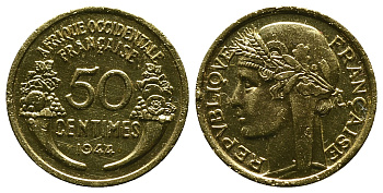 Французская Западная Африка 50 сантимов 1944 редкая KM 1, Lec 1 алюминиевая бронза aUNC 4381-941