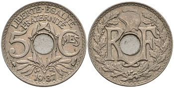 Франция 5 сантимов 1937 KM 875 медно-никель 4596-642