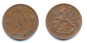 Финляндия 10 пенни 1938 KM 24 медь 51-5644