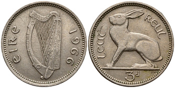 Ирландия 3 пенса 1966 заяц KM 12a медно-никель 4189-716