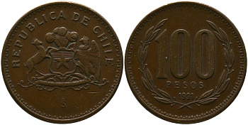 Чили 100 песо 1991 So KM 226.2, Schon 71 алюминиевая бронза 4544-925