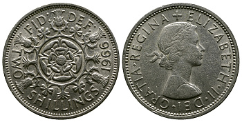 Великобритания 2 шиллинга (флорин) 1966 Елизавета II (1952-2022) KM 906, Spink 4146 медно-никель 4382-633