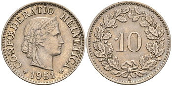 Швейцария 10 раппенов 1951 B KM 27 медно-никель 4608-465