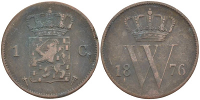 НИДЕРЛАНДЫ 1 ЦЕНТ 1876 ВИЛЛИАМ III (1849-1890) KM 100 медь 219-617