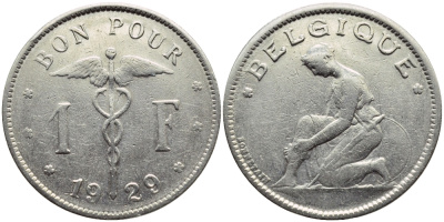 БЕЛЬГИЯ 1 ФРАНК 1929 BELGIQUE KM 89 никель 23-1055