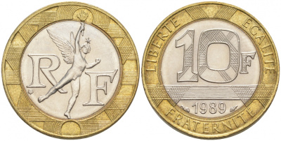 Франция 10 франков 1989 тип гений Бастилии KM 964.1, Le Franc 375.3 биметалл 186-356