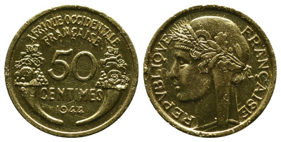 Французская Западная Африка 50 сантимов 1944 редкая KM 1, Lec 1 алюминиевая бронза aUNC 4381-941