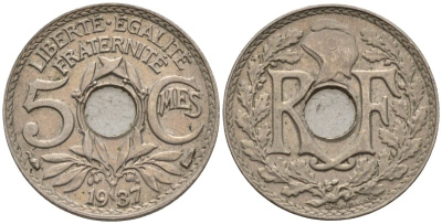 Франция 5 сантимов 1937 KM 875 медно-никель 4596-642