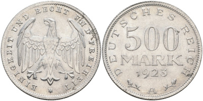 Германия 500 марок 1923 А KM 36, J.305 алюминий 221-632