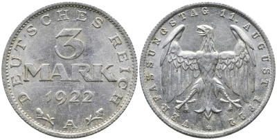 Германия 3 марки 1922 A, третья годовщина Веймарской Конституции KM 29, J. 303 алюминий 38-245