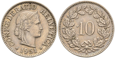 Швейцария 10 раппенов 1951 B KM 27 медно-никель 4608-465