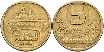 Финляндия 5 марок 1985 N, ледокол "URHO" KM 57 алюминиевая бронза 217-841