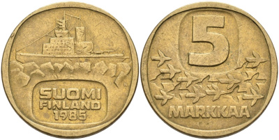 Финляндия 5 марок 1985 N, ледокол "URHO" KM 57 алюминиевая бронза 217-841