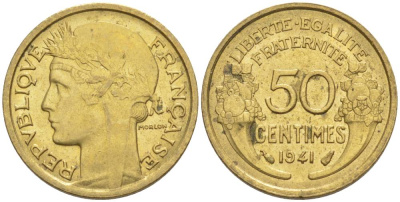 Франция 50 сантимов 1941 тип Морлон KM 894.1, Le Franc 192.18 алюминиевая бронза 44-361
