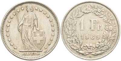 ШВЕЙЦАРИЯ 1 ФРАНК 1969 В KM 24а.1 медно-никель 4544-422