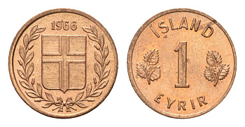 Исландия 1 эйре 1966 KM 8 бронза UNC 4690-741