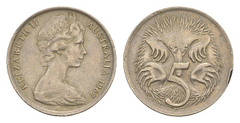 Австралия 5 центов 1967 Елизавета II (1952-2022) молодой портрет, ехидна KM 64 медно-никель 4151-335