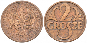 ПОЛЬША 2 ГРОША 1928 w KM 9а бронза 39-139