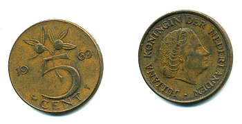 Нидерланды 5 центов 1969 Юлиана (1948-1980) KM 181 бронза 76-436