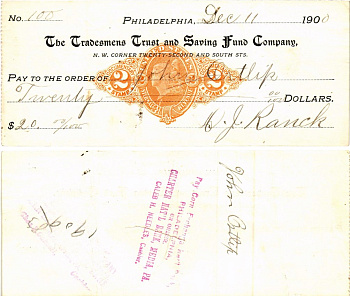 США чек на 20 долларов 1900 Филадельфия бумага 3295-59-3-2