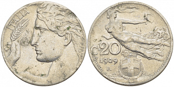 Италия 20 чентезимо 1909 R, Виктор Эммануил III (1900-1946) KM 44 никель 4548-123