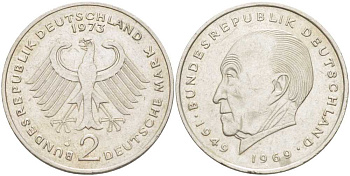 ФРГ 2 МАРКИ 1973 J, КОНРАД АДЕНАУЭР KM 124, J. 406 медно-никель плакированный никелем 117-651