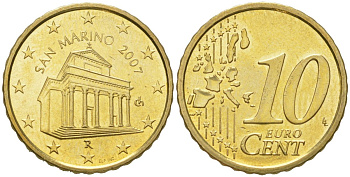 Сан-Марино 10 евроцентов 2007 редкий год KM 443 нордик BU 4613-257