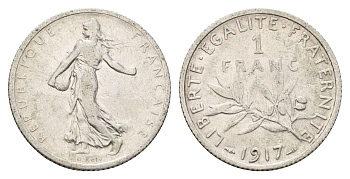 Франция 1 франк 1917 KM 844 серебро 93-255