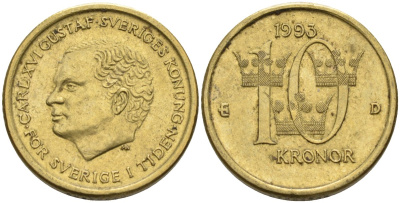 Швеция 10 крон 1993 B, Карл XVI Густав (1973- ) KM 877 медь алюминий цинк 4592-157