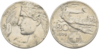 Италия 20 чентезимо 1909 R, Виктор Эммануил III (1900-1946) KM 44 никель 4548-123