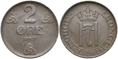 Норвегия 2 эре 1922 Хокон VII (1905-1957) KM 371 бронза 27-252