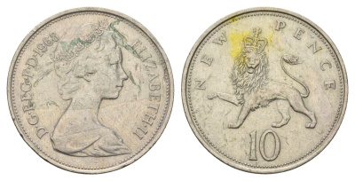 Великобритания 10 новых пенсов 1968 Елизавета II (1952-2022) KM 912, Spink 4231 (F1) медно-никель 4140-224