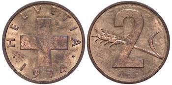 Швейцария 2 раппена 1974 KM 47 бронза 4596-436