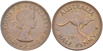 Австралия 1/2 пенни 1961 p, Елизавета II (1952-2022), кенгуру KM 61 бронза 4514-842