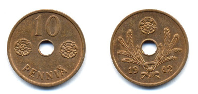 ФИНЛЯНДИЯ 10 ПЕННИ 1942 KM 33.1 медь 51-5021