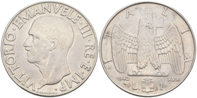 ИТАЛИЯ 1 ЛИРА 1940 R, ГОД XVIII, ВИКТОР ЭММАНУИЛ III (1900-1946), немагнитная, ГУРТ РИФЛЁНЫЙ KM 77а, VEM3. 1100 a) нержавеющая сталь 3855-332